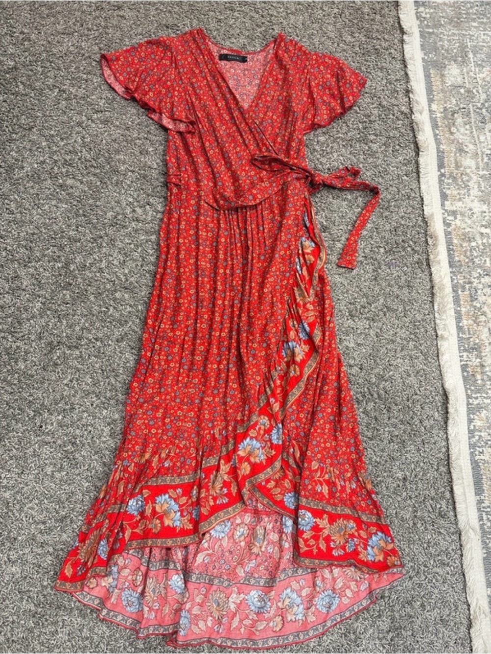 Red Floral Wrap Maxi Dress with Tie Waist